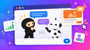 נינג'ה עומד בתוך חלון שיחת AI לצד רובוט, עם בועות צ'אט, מודעת Sponsored ואייקונים של פרסום ב-ChatGPT.